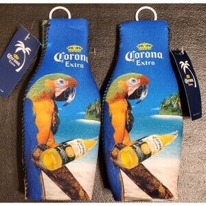 LOT of (2) Corona Extra Parrot Macaw Beach Beer Bottle Zip Coozie Hugger - NEW